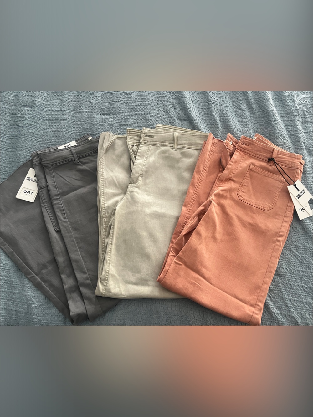 Oat New York High Rise Wide Leg Pants in Gray, Khaki and Peach